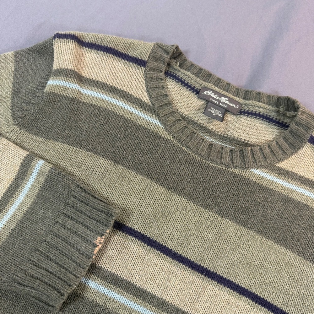 Eddie Bauer Mens Striped Cotton Crewneck Sweater Green Tan Blue Size M